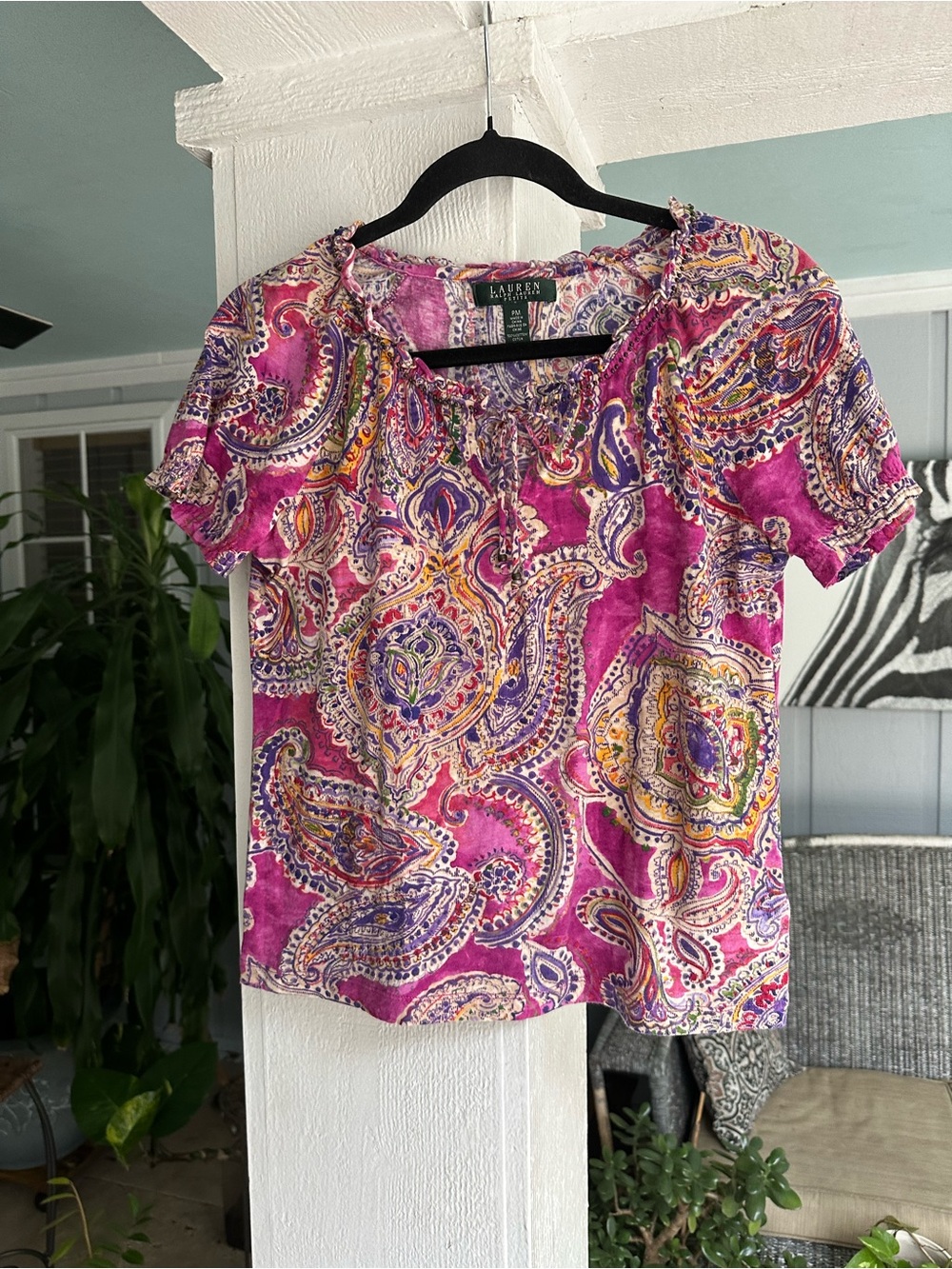 Lauren Ralph Lauren Beaded Paisley Short Sleeve Henley Top - Petite / Med